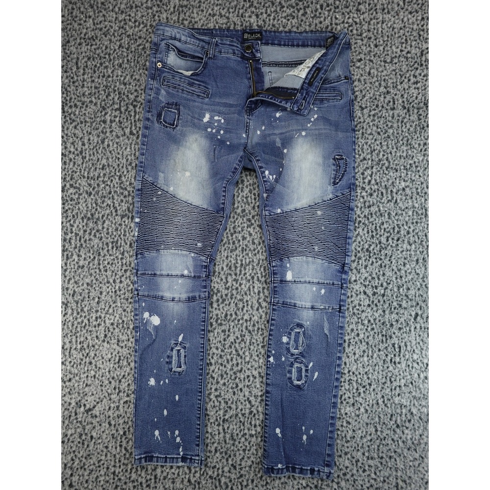 Black Premium Moto Skinny‎ Jeans Mens 34 Blue Good Distressed Paint Splatter